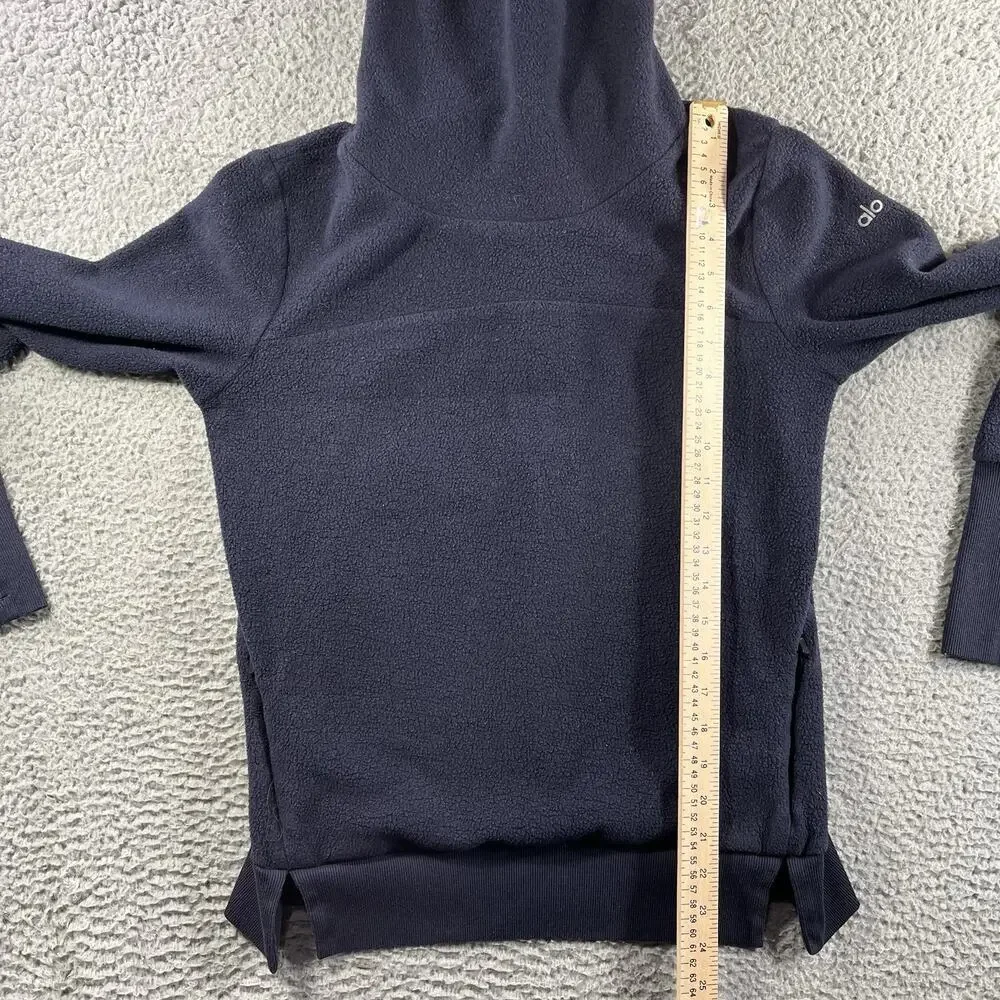 Alo Yoga Haze Funnel Neck Fleece Pullover Navy Blue Thumbholes Pleated Back S